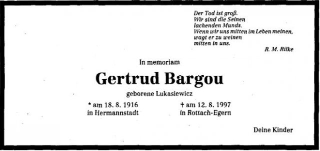 Lukasiewicz Gertrud 1916-1997 Todesanzeige